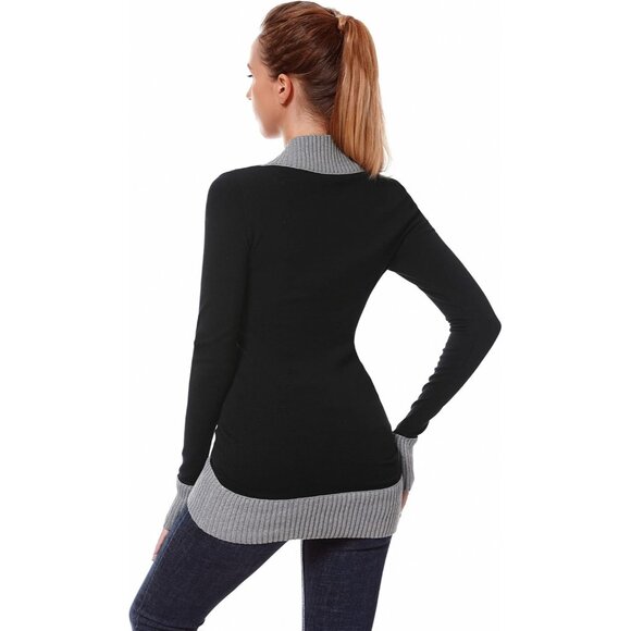 Women V Neck Faux Wrap Sweater Tunic Top Black Gray XS Viscose Nylon - Picture 4 of 5